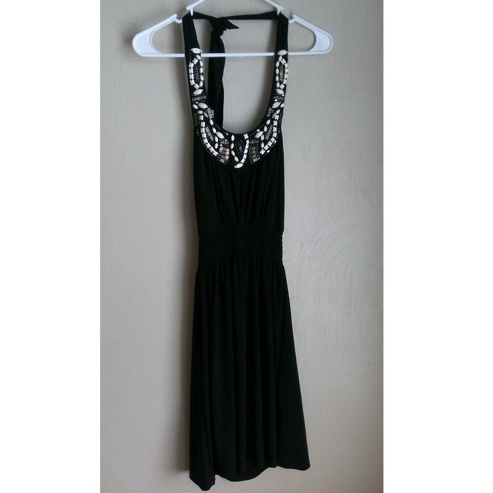 Bisou Bisou Women's Embellished Intricate Beaded Halter Neck Black Dress